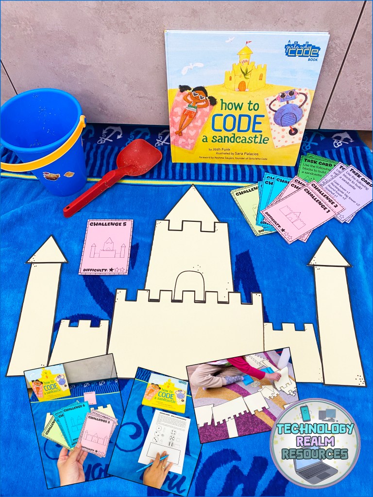 How to code a sandcastle STEM challenge activity cards - unplugged coding